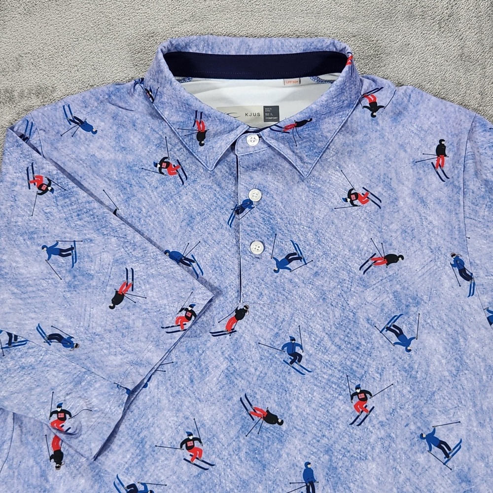 KJUS Polo Shirt Mens Large Blue Skier Print Golf UPF 50+ Performance Stretch